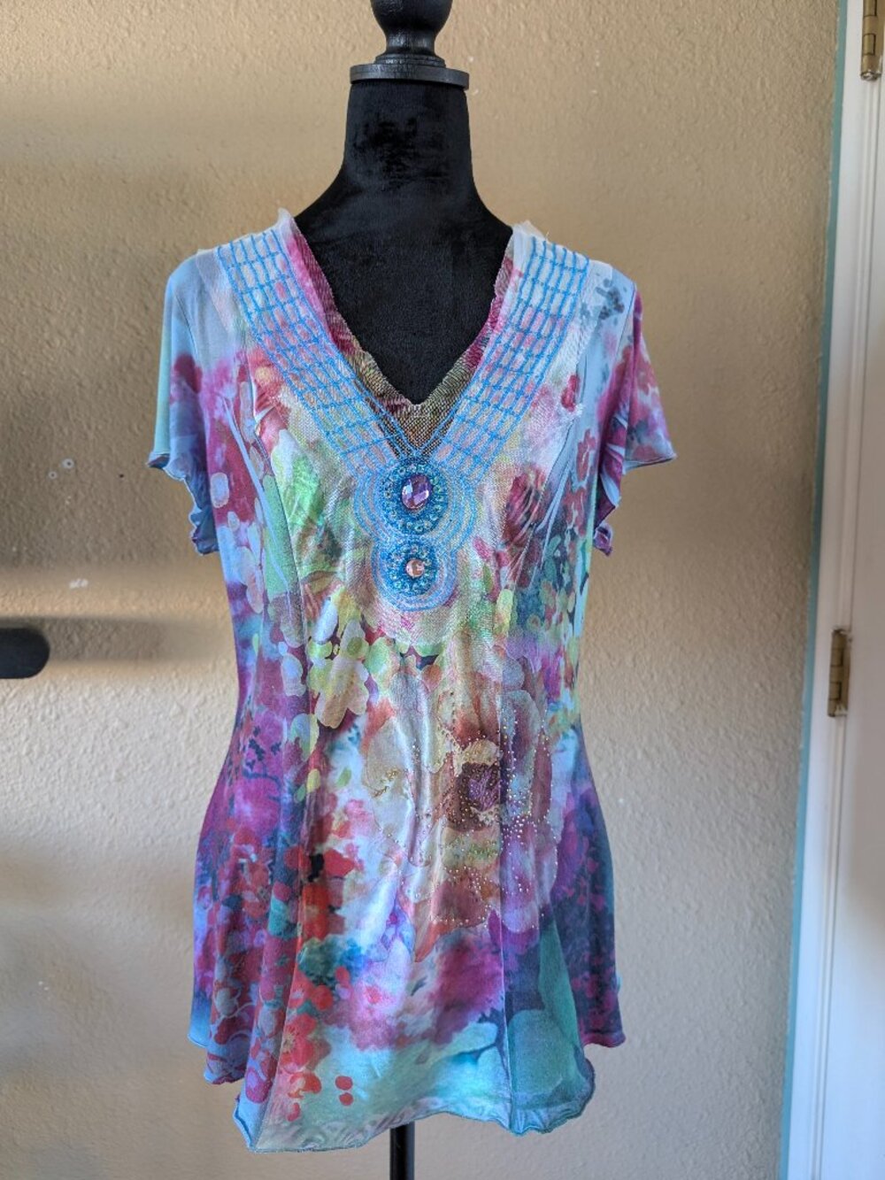 One World Floral Embellished Mesh V-Neck Top - Blue/Pink Multi - Size L